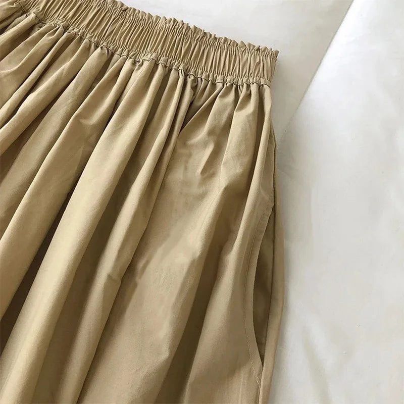 2025 New Casual Elegant High Waist A Line Skirts Women Solid Color Long Skirt Fashion Pockets Pleated Knee Length Skirts Autumn