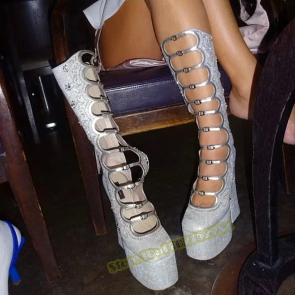 Crystal Bling Knee High Sandals Boots Thick Sole Platform Chunky High Heels Solid Buckles Straps Sandals Women Sexy Shoes Summer