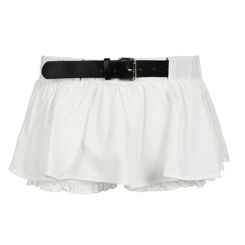 Sexy Low Waist White Mini Skirt Women Fashion with Belt Kawaii Preppy Short Skirts Y2K Korean Streetwear Pleated A Line Skirts