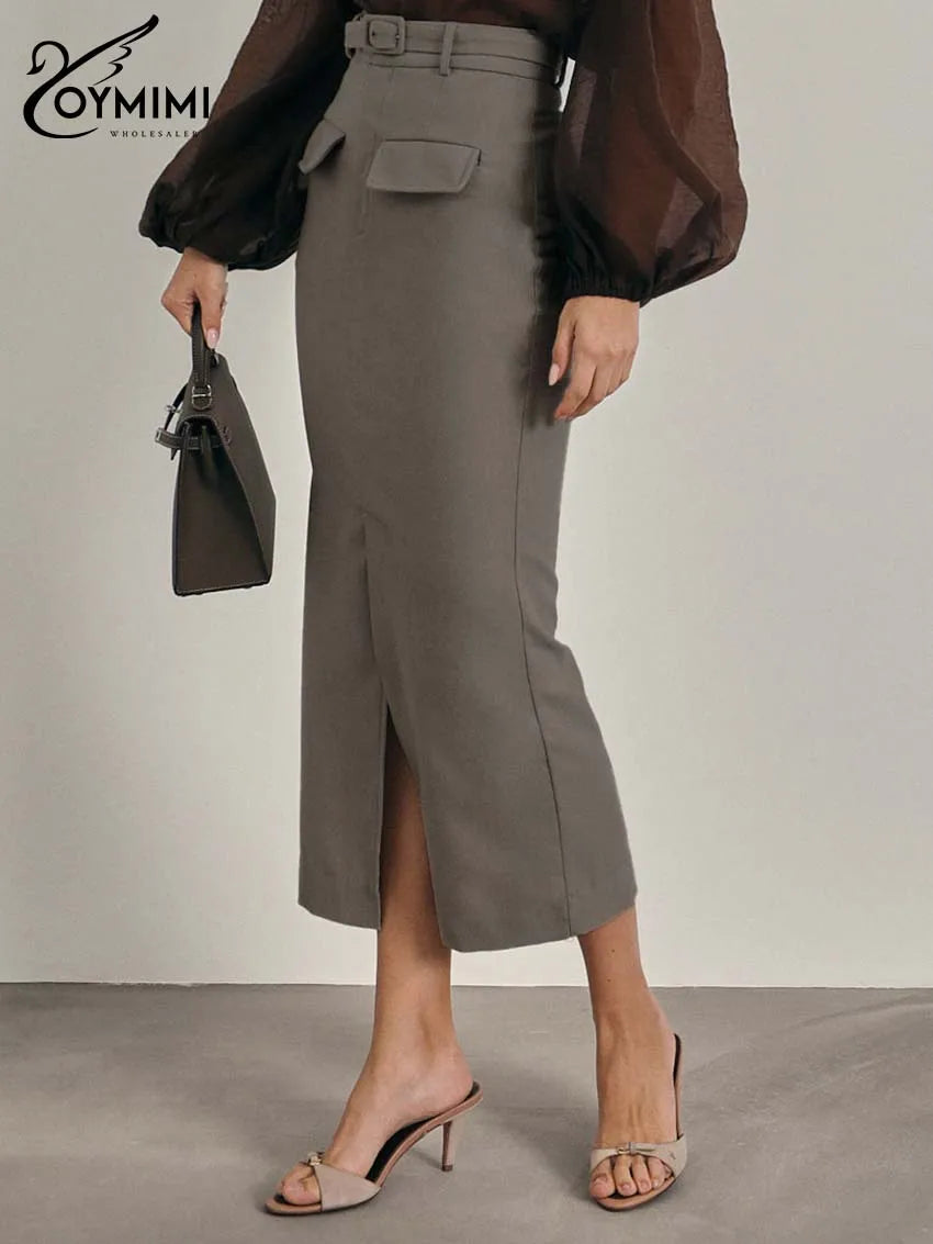 Oymimi Fashion Khaki Slim Skirts For Women Elegant High Waisted Zipper Solid Skirts Casual Pocket Straight Mid-Calf Skirt Female