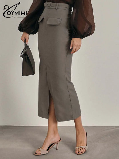 Oymimi Fashion Khaki Slim Skirts For Women Elegant High Waisted Zipper Solid Skirts Casual Pocket Straight Mid-Calf Skirt Female