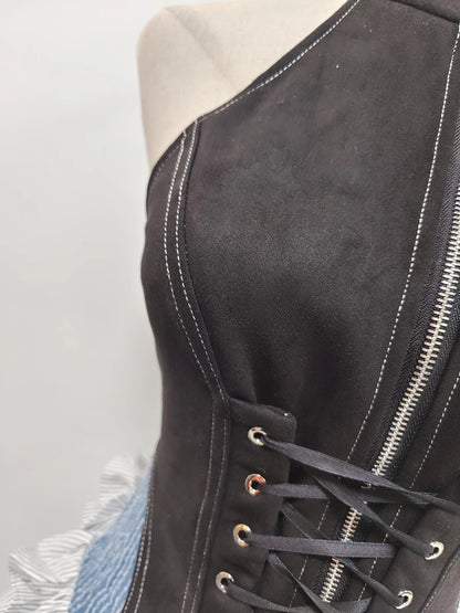 TWOTWINSTYLE Colorblock Slimming Spliced Lace Up Dresses for Women Halter Neck Sleeveless Patchwork Ruffles Fold Dress Female