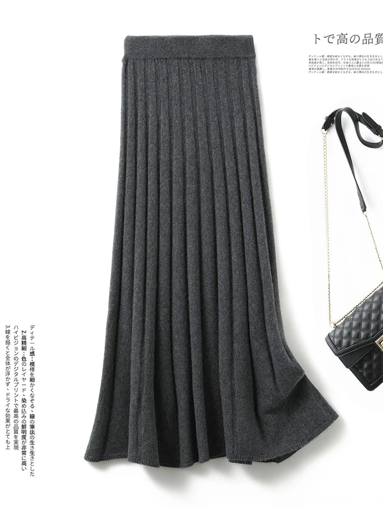 High-end 2022 Autumn/Winter New 100% Pure Wool Women's Thick Warm Elegant Pleated Skirt Fashion A Line Knitted Skirt 4 Colors