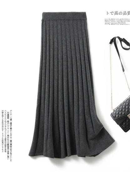 High-end 2022 Autumn/Winter New 100% Pure Wool Women's Thick Warm Elegant Pleated Skirt Fashion A Line Knitted Skirt 4 Colors