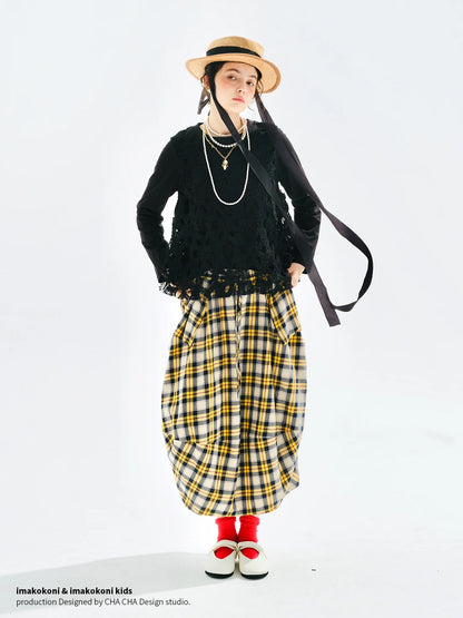 Yellow checkered skirt 2025 imakokoni original autumn Japanese color woven artistic pure cotton lantern skirt for women 255122
