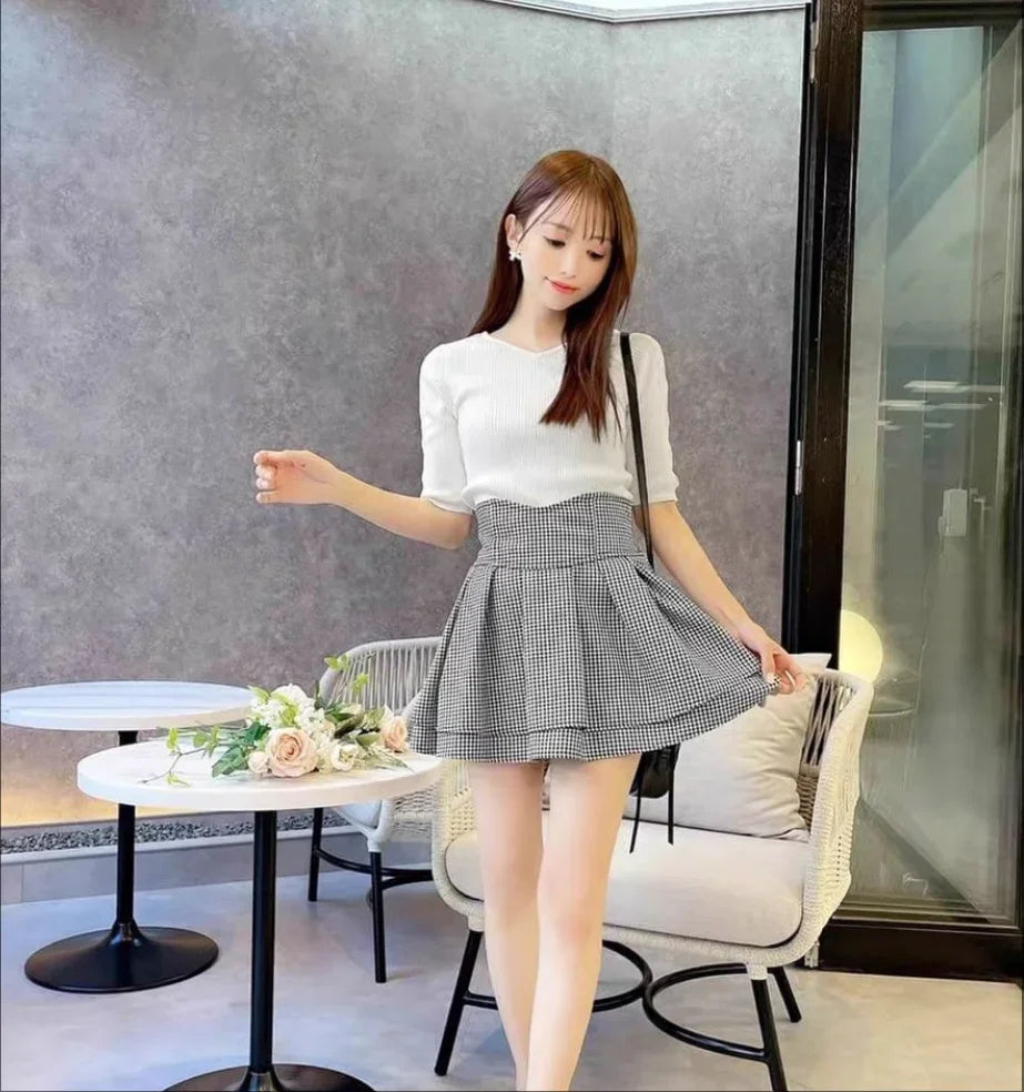 Japanese Lolita Skirts Ruffled Pleated Plaid Skirt Women 2025 Spring New Elastic High Waist Slimming Gentle Mini Skirt Culottes