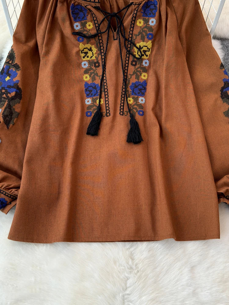 2026 Spring Retro Embroidered Shirt Top Female Lace Up Tassel Loose Lantern Sleeves Ethnic Style Blouse Female A70