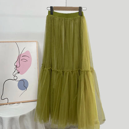 Hirsionsan Pleated Cake Skirts Women 2024 New Korean Harajuku Sweet Lace Skirt Ladies Elegant Party Ball Gown Female Mesh Skirt