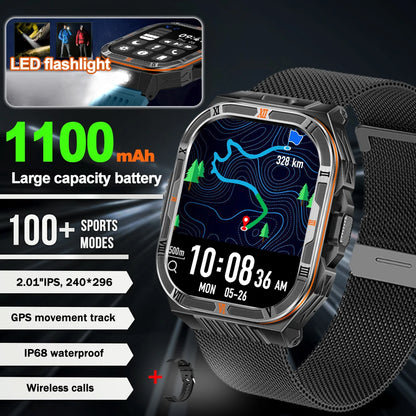 New 1100mAh Big Battery Smart Watch Men Outdoor Compass Bluetooth Call IP68 Waterproof Sports 2.01 Inch Flashlight Smart Watch