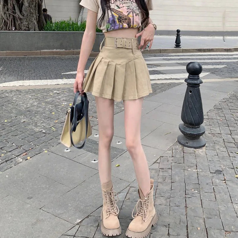 Lucyever Korean High Waist Pleated Skirts Women Summer Khaki Black with Belt A-Line Skirt Woman All-Match Streetwear Mini Skirt