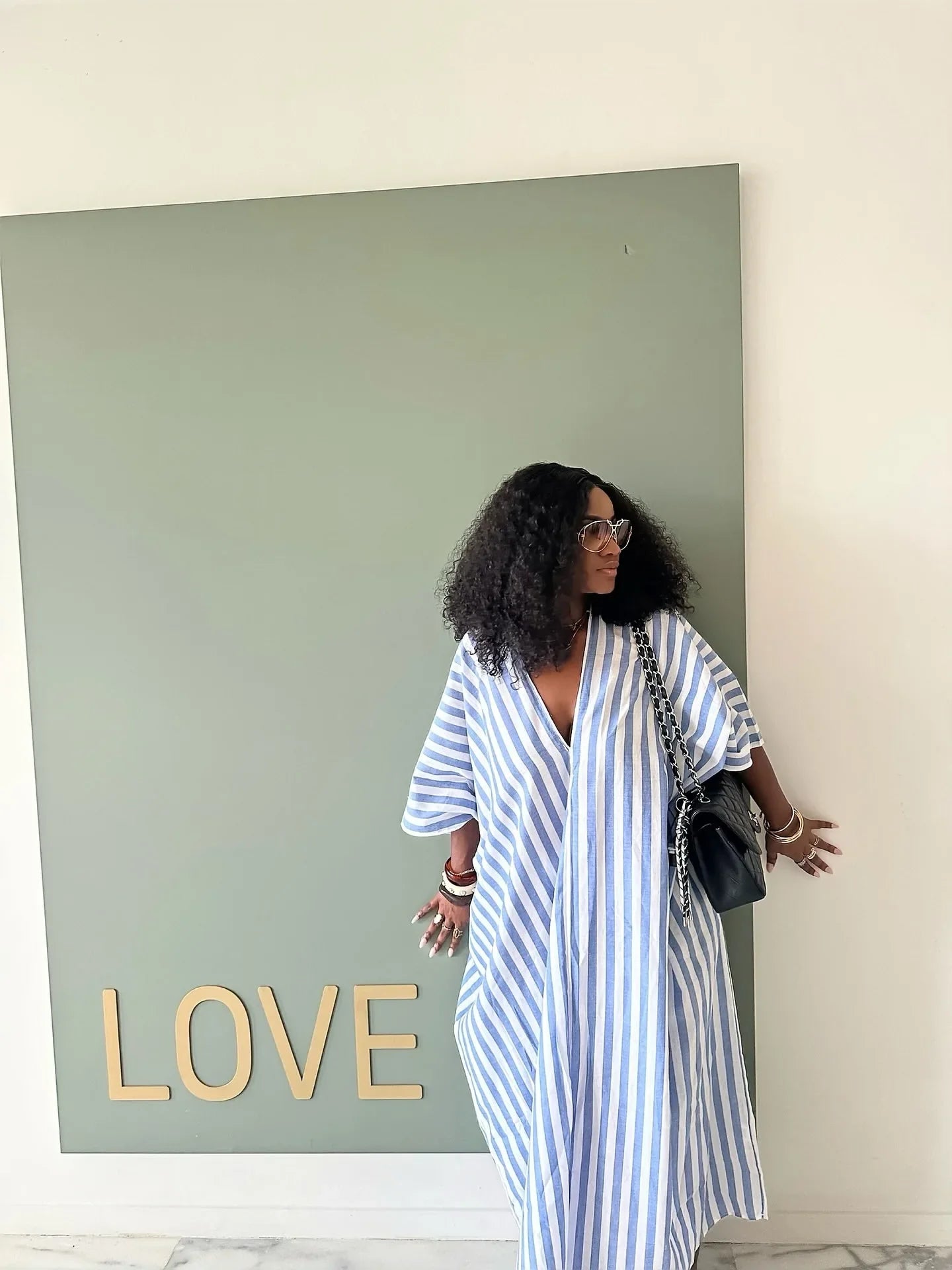 American Women's Fashion Loose and Laid-back Style Deep V-neck Long Striped Dress for Women, African Chic Plus-size Long Dress