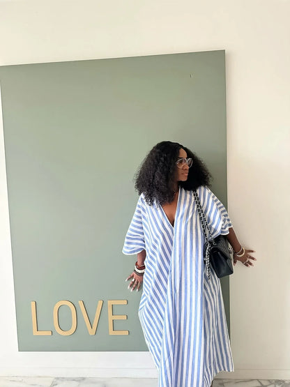 American Women's Fashion Loose and Laid-back Style Deep V-neck Long Striped Dress for Women, African Chic Plus-size Long Dress