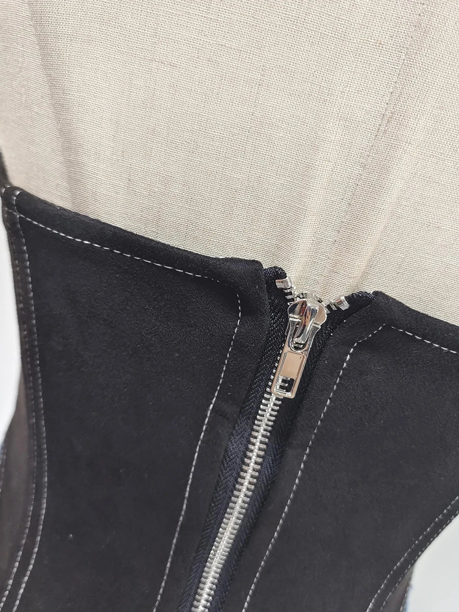 TWOTWINSTYLE Colorblock Slimming Spliced Lace Up Dresses for Women Halter Neck Sleeveless Patchwork Ruffles Fold Dress Female
