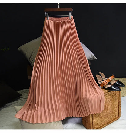 Womens Chic Pleated Swing Long Skirt with Liner Korean Fashion Kawaii Elastic High Waist OL Chiffon Shirring Mermaid Skirts K77