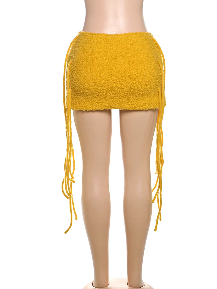 Nibber Basic Sexy Furry Side Tassel Skirts Women Y2K Peach Hip Summer Solid Wild Hipster Streetwear Skinny Midnoight Mini Bottom