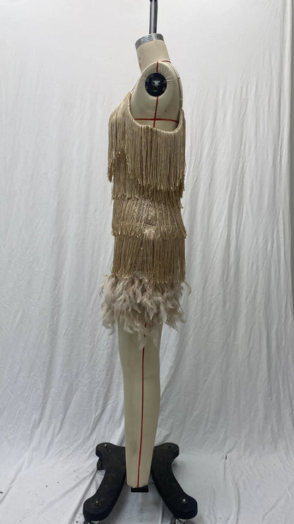 Summer Fashion Elegant Tassel Sequin Dress Women's Sexy Slim Sleeveless V-neck High Waist Suspender Feather Stitching Dresses