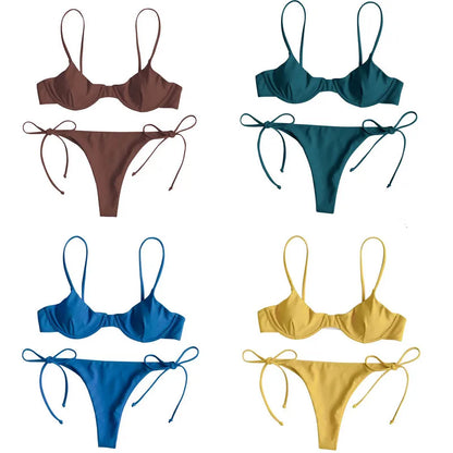 Women Split Swimsuit Set, Solid Color/Printed V-neck Bikini + Lace Up Panties for Summer