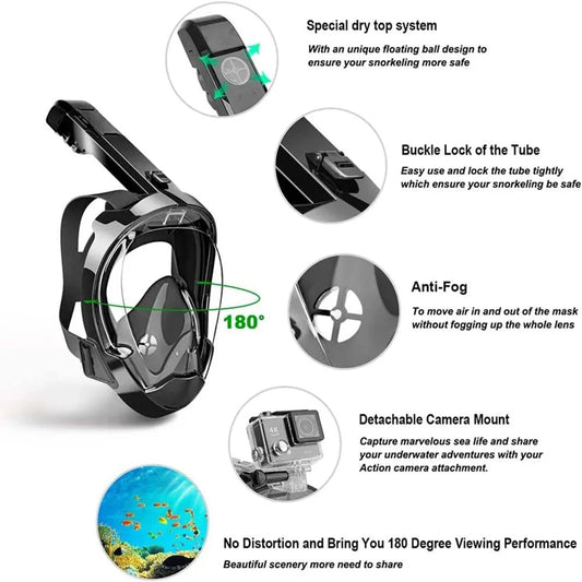 Full Face Diving Mask for Men Women Swim Snorkel Mask with Detachable Camera Mount Adult Snorkeling Tube Goggles Set Scuba Gear