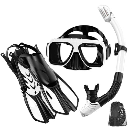 Diving Mask Fin Snorkel Set for Adult Panoramic View Snorkel Mask Adjustable Dive Flipper Dry Top Snorkel and Travel Bag