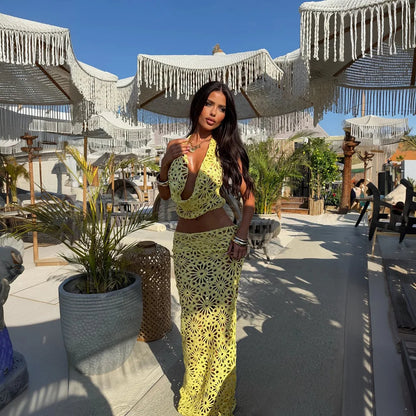 Swimwear Skirt Cover-up 2 Piece Set Women Crop Tops And Maxi Skirt Bathing Suit Fashion Solid Hollow Sexy Beach Cover Up Outfits