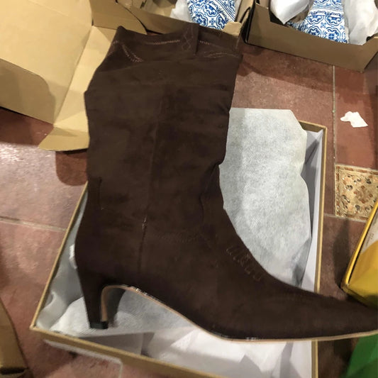 Embroidered Square Toe Cat Heel Western Cowboy Boots Woman Winter 2025 Slip-On Shaped Heel Slim Boots Fashion Shoes for Women