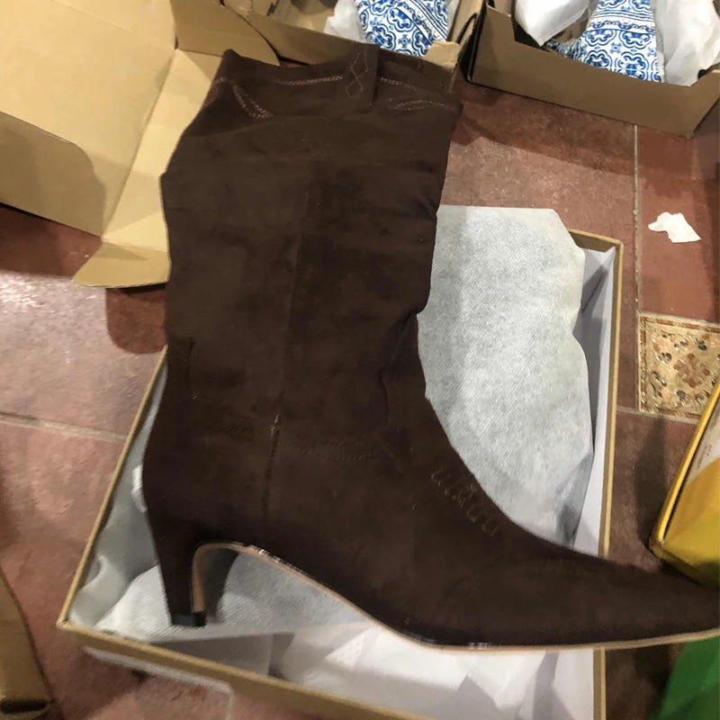Embroidered Square Toe Cat Heel Western Cowboy Boots Woman Winter 2025 Slip-On Shaped Heel Slim Boots Fashion Shoes for Women