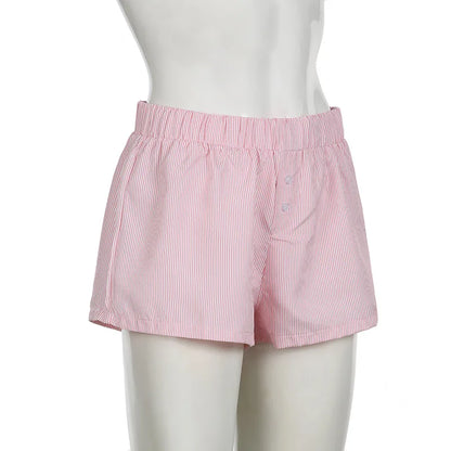 Striped Print Casual Shorts for Women Elastic Waist Fashion Button Bottoms Streetwear Chic Basic Y2K Loose Shorts