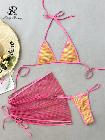 SINGREINY Mesh Sheath Sexy Bikini Sets Female Mini Camis Briefs+Short Skirt Set Fashion Drawstring Sensual Beach 3 Pieces Suits