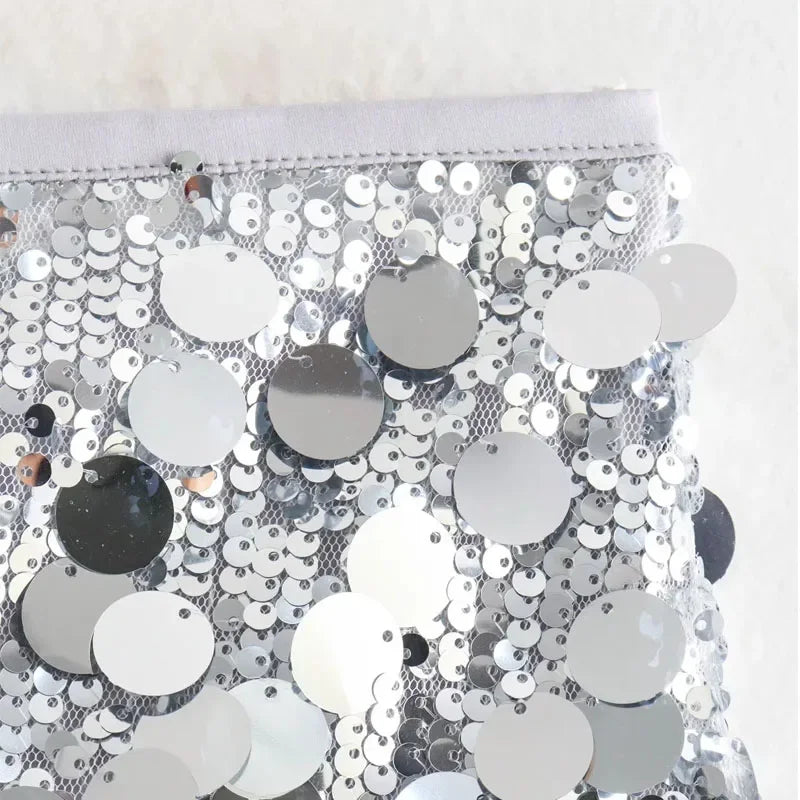 HXAO Woman Skirt Sequin Black Mini Skirt Shiny Silver Short Skirts Women High Waist Party A Line Skirt Glitter Women's Skirts