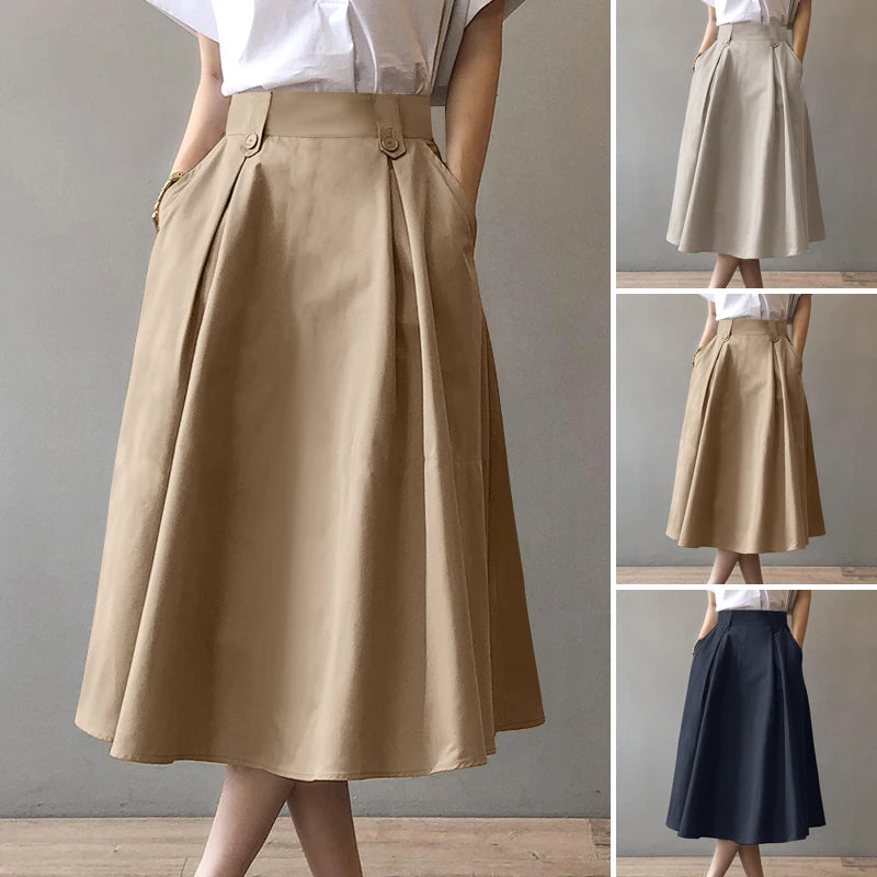Women Elegant Office Work Skirts ZANZEA Autumn Summer High Waist Faldas Saia Jupe Casual Solid Midi Skirt Fashion Party Sundress