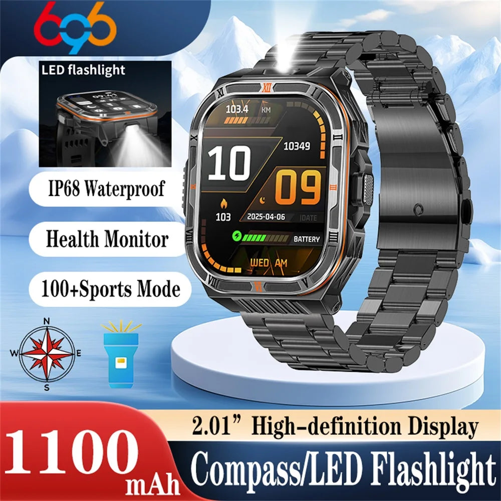 1100mAh Battery Smartwatch Men LED Flashlight Compass BT Call Outdoor Smart Watches Health Monitor Waterproof 100+ Sports Mode