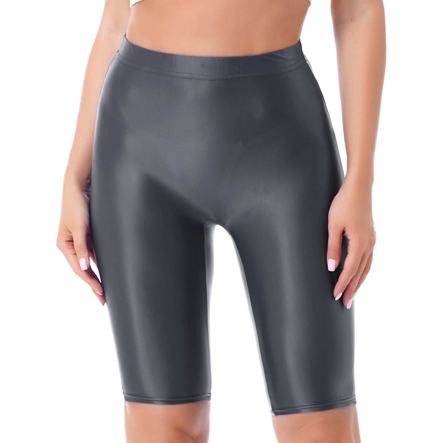 Women Glossy Shorts High Waist Fitness Short Leggings Oil Shiny Knee-Length Tights Swimming Trunks Female Workout Sports Bottoms