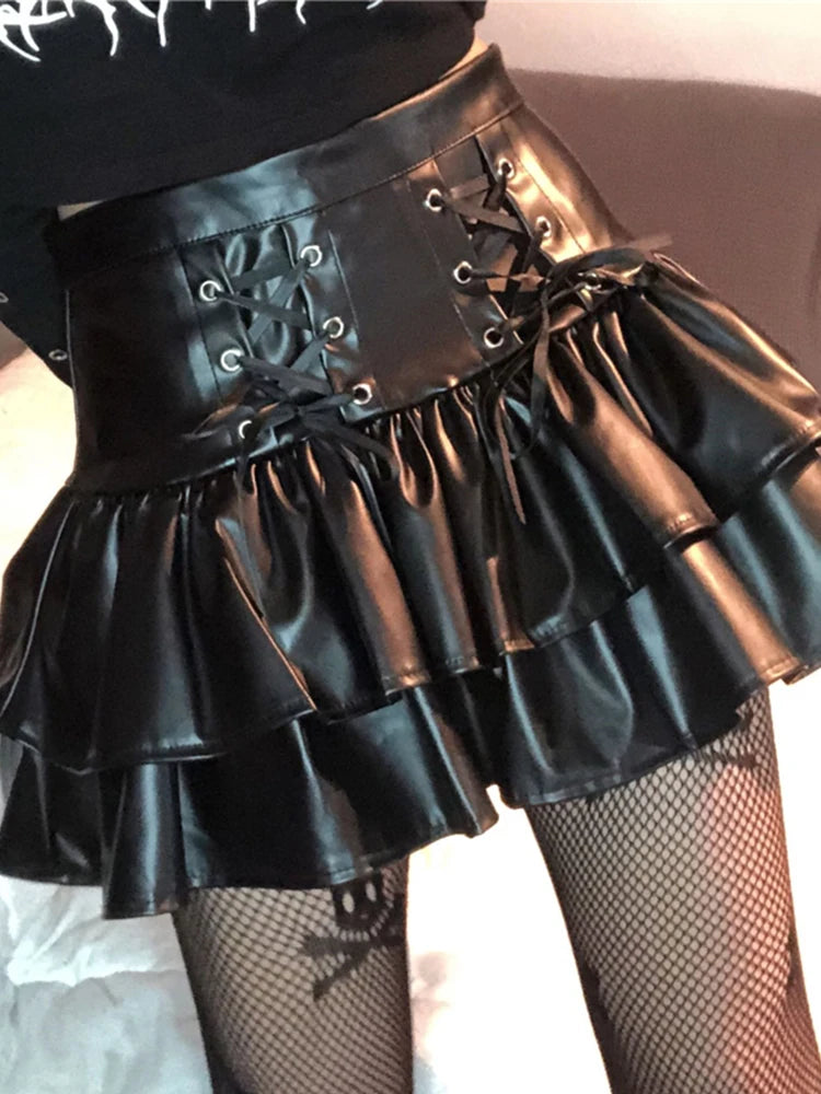 AltGoth Mall Goth Punk PU Skirt Women Dark Gothic Vintage Bandage High Waist Lolita Skirt Harajuku Streetwear Emo Alt Clubwear