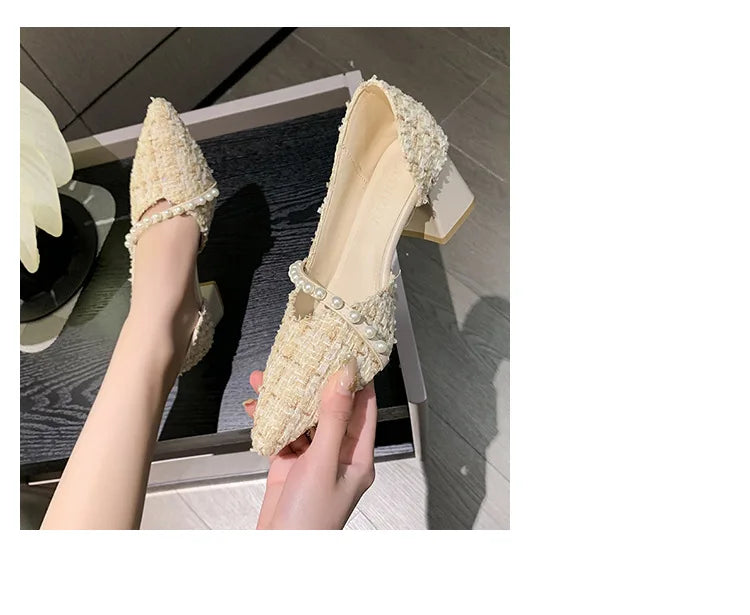 Woman Sexy High Heels New Elegant Wedding Dress Shoes Ladies Shallow Office Party Shoes Tweed Style Side Hollow Single Shoes
