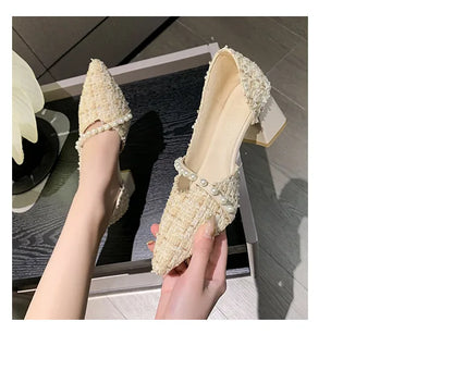 Woman Sexy High Heels New Elegant Wedding Dress Shoes Ladies Shallow Office Party Shoes Tweed Style Side Hollow Single Shoes