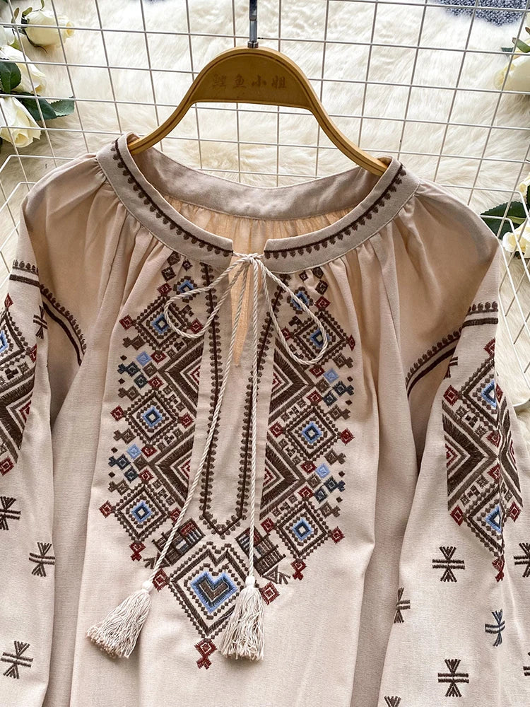 Women Autumn Blouse Loose Artistic Retro Heavy Industry Embroidery Bow O-Neck Lantern Sleeve Shirt Casual Versatile Top BL270