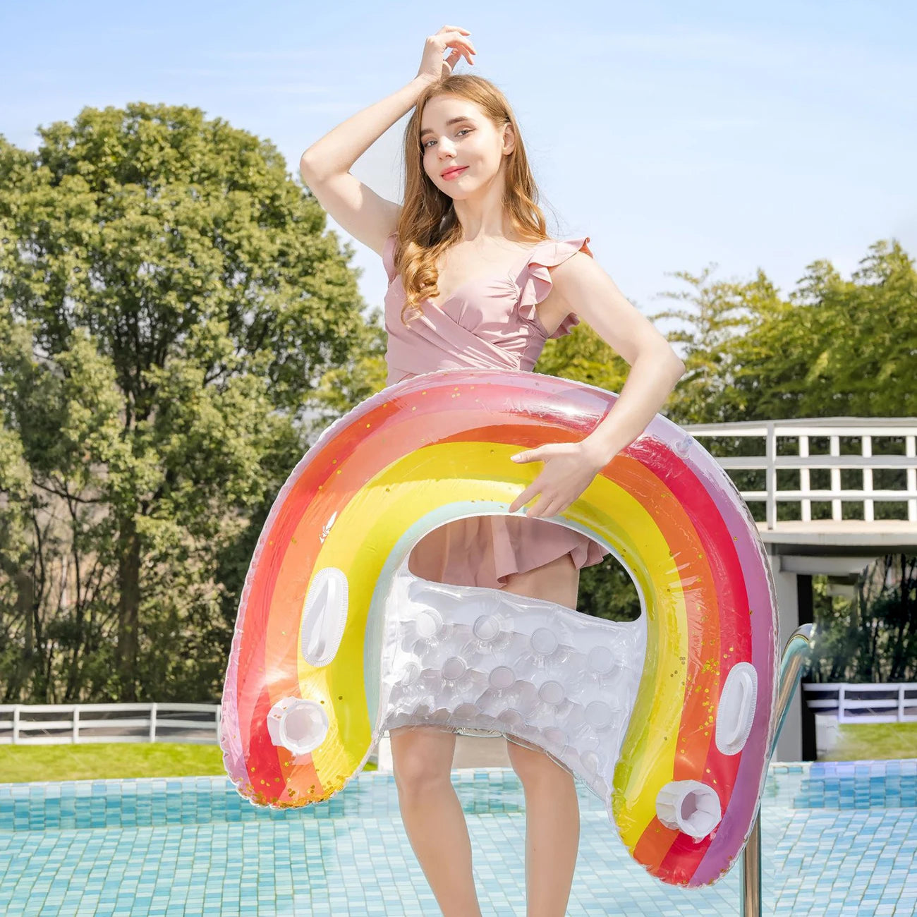 1PC Inflatable pool float featuring a vibrant flamingo and rainbow design, perfect for relaxing during summer water activities