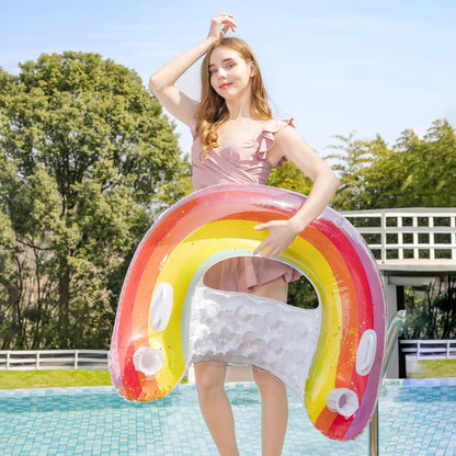 1PC Inflatable pool float featuring a vibrant flamingo and rainbow design, perfect for relaxing during summer water activities
