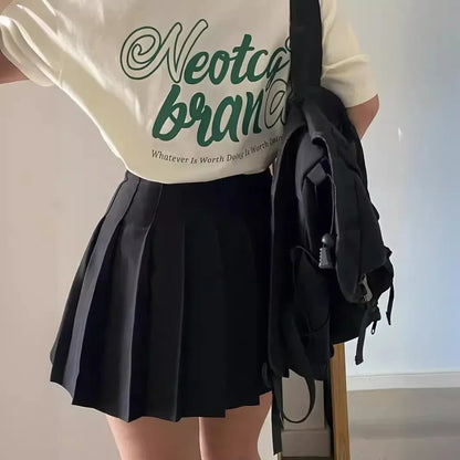 High-Waisted Slimming Pleated Mini Dress Plus Size Black Hip Covering A- Line Skirt Female Academic Style