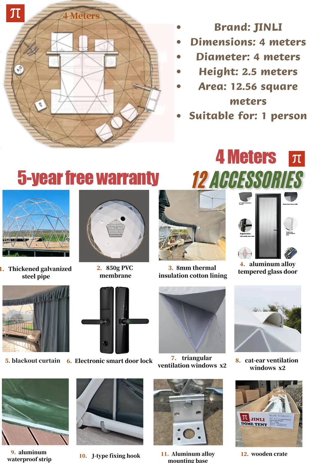 Spherical tent, geodesic tent, dome tent, galvanized steel pipe frame, PVC waterproof tarpaulin, wind-resistant, pressure-resist