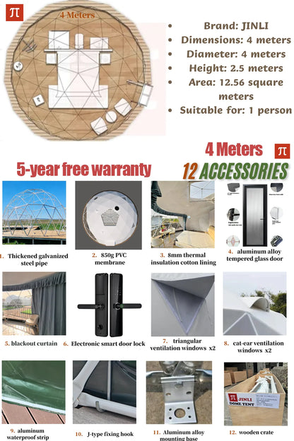 Spherical tent, geodesic tent, dome tent, galvanized steel pipe frame, PVC waterproof tarpaulin, wind-resistant, pressure-resist