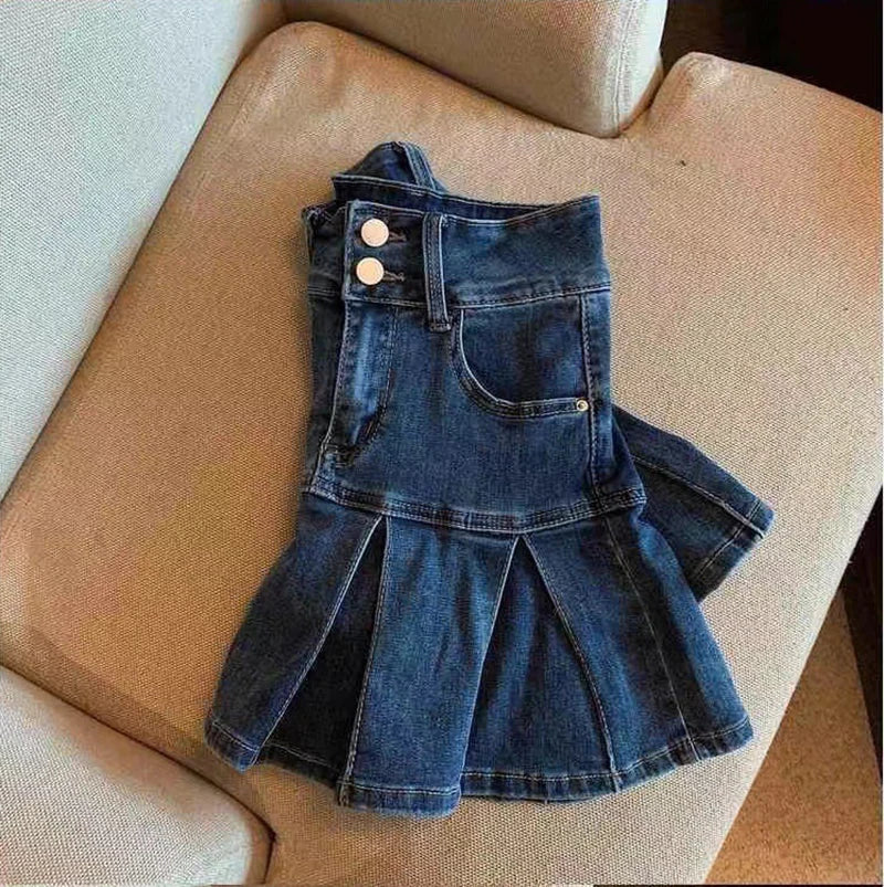 High-Waisted Denim Skirt Women's New Pleated Retro Blue Skinny A-line Flanged Wrap Hip Skirt