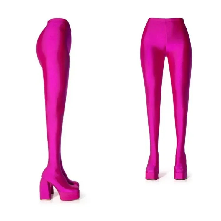 2024 New Pants Jumpsuit Boots Elastic Cloth Boots Racing Party Super Cool Square Head Waterproof Platform Thick Heel Boots 35-46