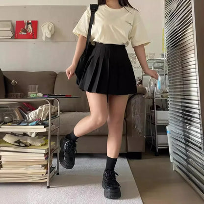 High-Waisted Slimming Pleated Mini Dress Plus Size Black Hip Covering A- Line Skirt Female Academic Style