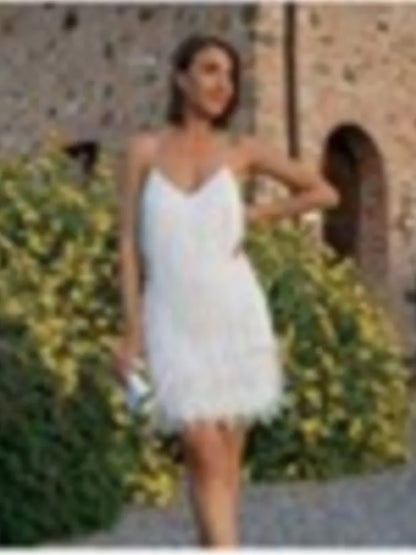 Summer Fashion Elegant Tassel Sequin Dress Women's Sexy Slim Sleeveless V-neck High Waist Suspender Feather Stitching Dresses