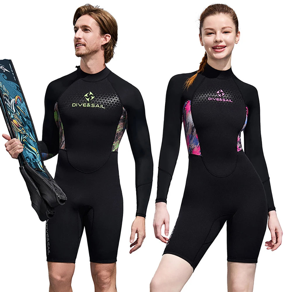 Men Women Wetsuit Shorty 1.5mm Neoprene + Lycra Thermal Swimsuit Diving Suits Front Zipper UV Protection Long Sleeve Surf Suits