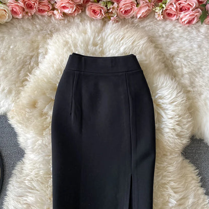 Faion High Waist  Color Midi Skirt Slimming Elastic Slit One Step OL Busin Bodycon Skirt Young Women Commute Sle