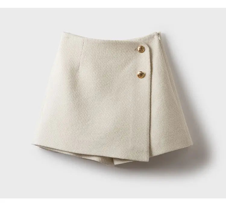 Tweed Wide Leg Shorts Skirts Women Chic Empire All-match Button Minority Elegant A-line Autumn Winter Thick Popular Daily Female