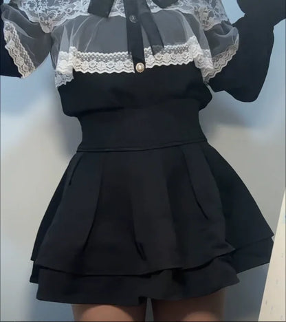 Japanese Lolita Skirts Ruffled Pleated Plaid Skirt Women 2025 Spring New Elastic High Waist Slimming Gentle Mini Skirt Culottes