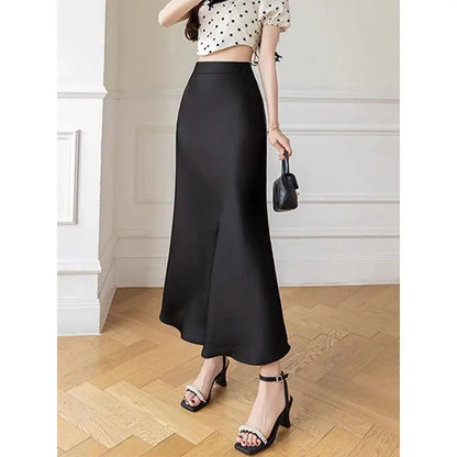 Fashion Oversized Women Clothing Satin Skirts Summer Temperament Solid Color High Waist A-line Skirt Female Simplicity Skirt